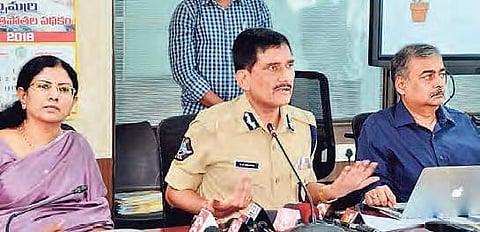 DGP RP Thakur addressing the gathering during the launch of AP Investment Safety & Security Cell at Police headquarters near Vijayawada on Wednesday | Express