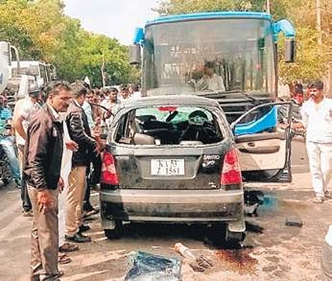 The wreckage of the car involved in the accident at Doddanekkundi | Express