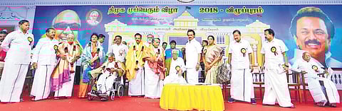 DMK president MK Stalin and the party leaders presenting the Periyar, Anna, Kalaingar and Perasiriyar awards during Mupperum Vizha celebrations in Villupuram on Saturday | Express