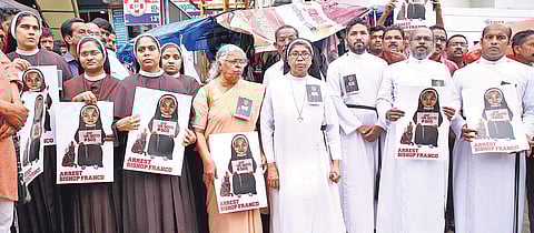 Priests who came to support the protest by nuns demanding the arrest of Bishop Franco Mulakkal, at High Court Junction in Kochi on Saturday. The nuns have been protesting for the past eight days | Express