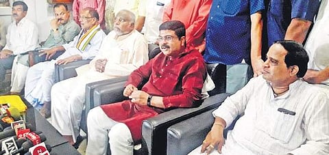 Union Minister Dharmendra Pradhan addressing mediapersons in Dhenkanal | Express