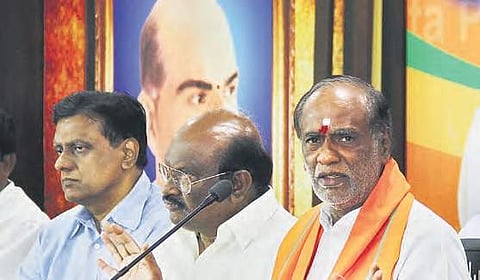 K. Laxman, Telangana BJP president addressing media persons at Nampally in Hyderabad | Sathya Keerthi