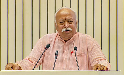RSS chief Mohan Bhagwat speaks at the event titled 'Future of Bharat An RSS perspective' in New DelhI. (Photo| PTI)