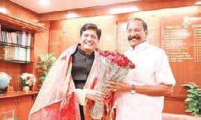 P Thangamani, Minister for Electricity, Prohibition and Excise, greeting Union Minister of Railway Piyush Goyal (File Photo)