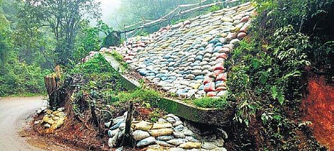 Sand bags put to prevent soil erosion from sidewalls of Ghat road. Image used for representative purposes only