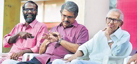 Sunil P Ilayidom, Balachandran Chullikkad and M K Sanu at the alumni meet held in remembrance of Abhimanyu at Maharaja’s College on Wednesday