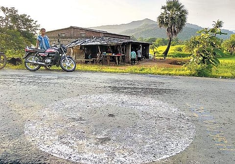 A marking on the road in Ambesri village of Maharashtra demarcates the bullet train route alignment | Richa Sharma