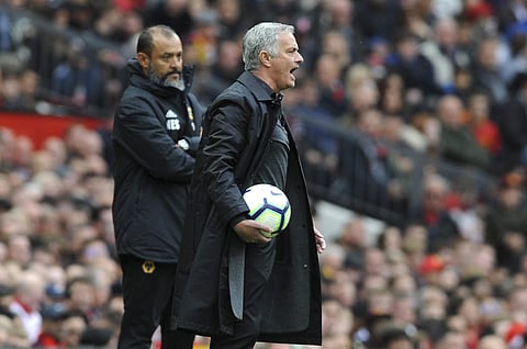 Manchester United manager Jose Mourinho shouts next to Wolverhampton Wanderers head coach Nuno Espirito Santo during the match | AP