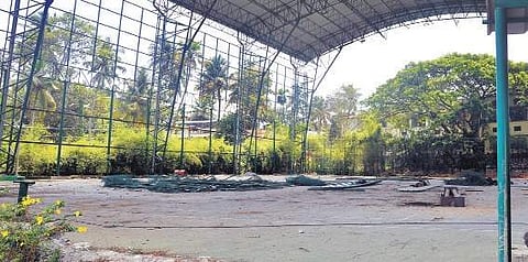 Ramanathan Krishnan Tennis Academy at Kumarapuram where roofing of the court is still in progress. The fencing has been completely damaged beyond repair because of heavy machinery work Vincent Pulickal