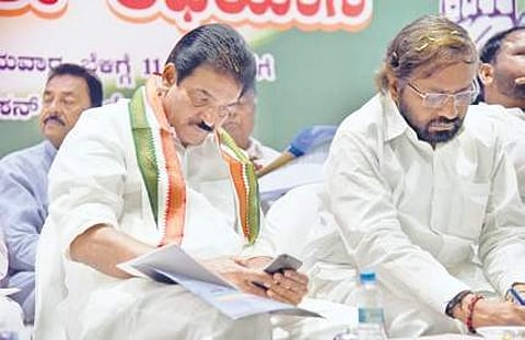 AICC general secretary in-charge of Karnataka K C Venugopal and Congress leader Eshwar Khandre in Bengaluru on Sunday | Nagaraja Gadekal