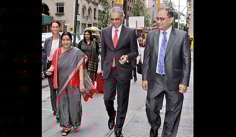 India's External Affairs Minister Sushma Swaraj and India's Permanent Representative to the United Nations Syed Akbaruddin at Manhattan, New York for the UN General Assembly session from Sept. 23-27, 2018. (Photo | @AkbaruddinIndia/ Twitter)