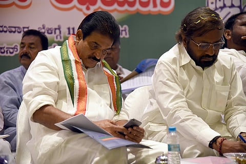 Karnataka Bengaluru KPCC State Incharge KC Venugopal and Eshwar Khandre Working President KPCC at meeting in Bengaluru on Sunday. (Photo | ENS/Nagaraja Gadekal