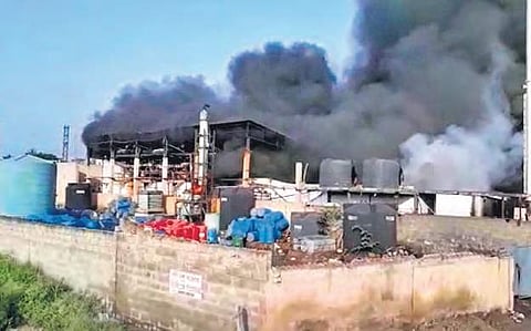 The chemical company engulfed in smoke after fire broke out at Bolarum industrial area in Hyderabad on Monday | Express