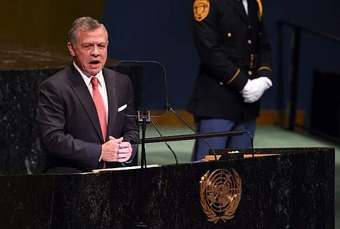 Jordan's King Abdullah II addresses the 73rd session of the General Assembly at the United Nations on September 25, 2018 in New York. (Photo | AFP)