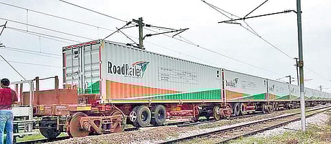 The RoadRailer train which commenced its commercial journey from Melpakkam near Arakkonam on Tuesday | Express