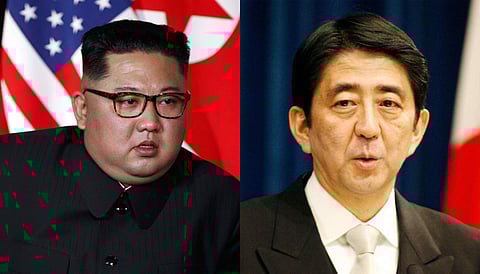 In this collage, North Korean leader Kim Jong Un and Japanes PM Shinzo Abe (Photo | AP)