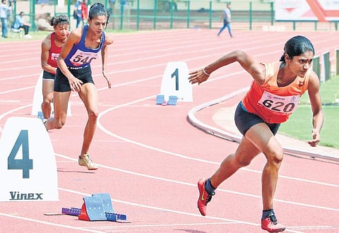 Action from the women’s 400m heats at the 58th National Open Athletics Championships at Kalinga Stadium in Bhubaneswar on Tuesday | IRFANA