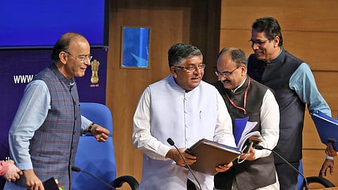 L to R Union Finance Minister Arun Jaitley, Law Minister Ravi Shanker Prasad and Chief Executive Officer (CEO) of Unique Identification Authority of India UIDAI Ajay Bhushan Pandey during a press conference on Cabinet decisions in New Delhi. ( Photo | She