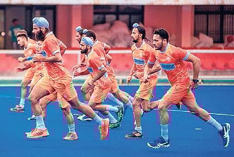 Indian hockey players during a practice session at Kalinga Stadium in Bhubaneswar on Wednesday | Irfana