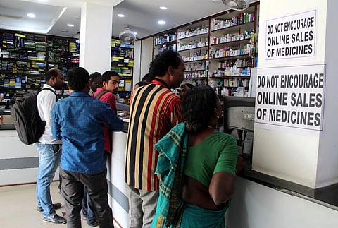 Despite the strike called by Chemists protesting against online medical sale , many shops were open on Friday in Hyderabad. (Photo | S Senbagapandiyan/ EPS)