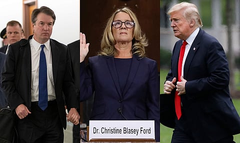 In Collage: US Supreme Court nominee Brett Kavanaugh, Kavanaugh's accuser and college professor Dr. Christine Blasey Ford and US President Donald Trump (Photos | AP)