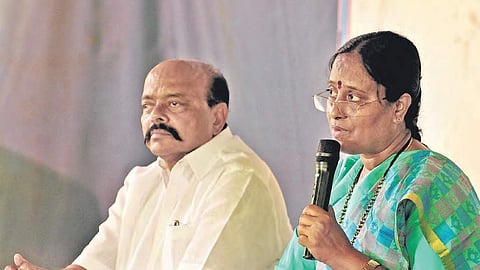 Telangana minister Konda Surekha and her husband, MLC Konda Murali, speaks at the press meet in Hyderabad.