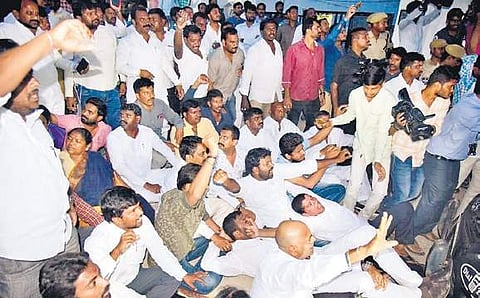 Revanth’s supporters raising slogans at his house in Hyderabad on Friday demanding that he be allowed to come out so that they can catch a glimpse of their leader | Vinay Madapu