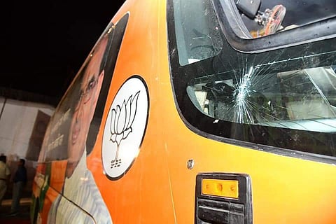 The Jan Ashirwad Yatra (JAY) bus of Madhya Pradesh CM Shivraj Singh Chouhan, which was attacked in the Sidhi district. | Express Photo Services