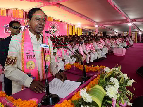 Telangana Chief Minister K. Chandrashekar Rao at TRS's Pragathi Nivedhana Sabha in Kongara Kalan at Rangareddy District. (EPS)