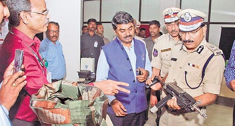 DGP Mahender Reddy DRDO Chairman G Satheesh Reddy inspecting the weapons that were on display at RBVRR Telangana State Police Academy in Hyderabad on Saturday | Sathya Keerthi