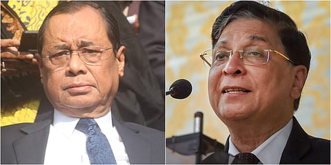 Justice Ranjan Gogoi; (right) Chief Justice Dipak Misra (Photos | File/PTI)