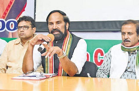 TPCC President Uttam Kumar Reddy addressing media during a press meet at Gandhi Bhavan in Hyderabad | Express