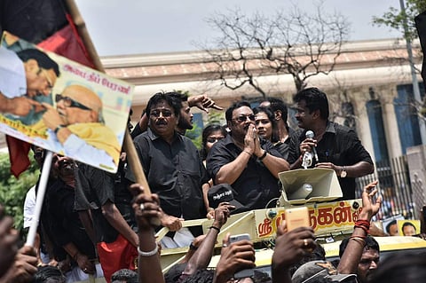 Alagiri, elder son of DMK late President M Karunanidhi leads the rally of his supporters on the eve of the 30th day of the demise of the later on Wednesday in Chennai. (P Jawahar | EPS)
