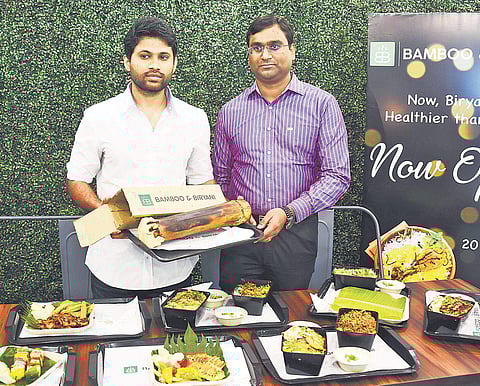 V Sowjan (left) MD of Bamboo & Biriyani along with Manager Pawan at the launch of the restaurant in city on Tuesday | R V K Rao
