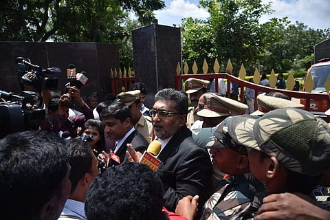 Advocate Chella Seshu Reddy briefing about twin bomb blast judgement to media at cherlapalli Central Prison on Tuesday (S Senbagapandiyan | EPS)