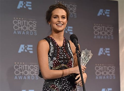 Alicia Vikander poses in the press room with the award for best supporting actress for “The Danish Girl” at the 21st annual Critics' Choice Awards at the Barker Hangar on Sunday, Jan. 17, 2016, in Santa Monica, Calif.| AP