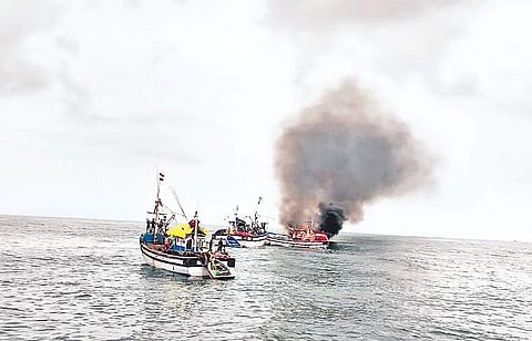 The Jalapadma vessel on fire off Karwar coast on Wednesday | Express