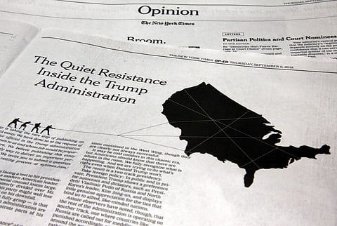 This photo shows an anonymous opinion piece in The New York Times in New York. (Photo | AP)