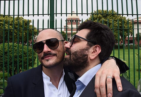 Hotelier Keshav Suri, one of the petitioners against Section 377, with his partner outside the Supreme Court in New Delhi on September 6, 2018. (Photo | Parveen Negi/EPS)