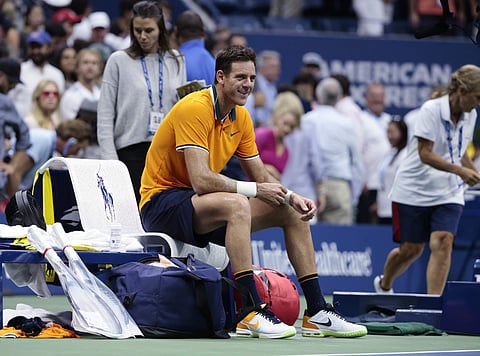Juan Martin del Potro, of Argentina, looks up at his box after Rafael Nadal, of Spain, retired from a match during the semifinals of the U.S. Open tennis tournament, Friday, Sept. 7, 2018, in New York. | AP