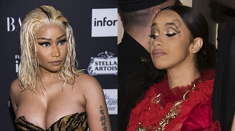 Collage of Nicki Minaj and Cardi B. Cardi B is seen with a bump on her forehead (Photo | AP)