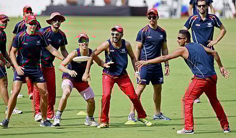Hong Kong team players during a practice session at VCA Jamtha Stadium in Nagpur. ( Photo | PTI)