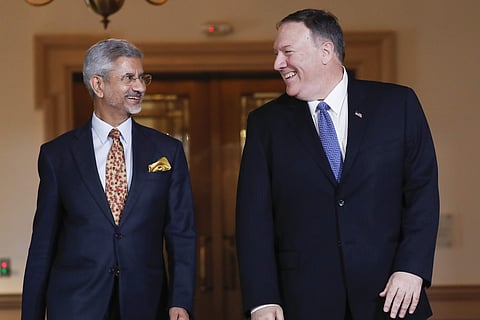 Secretary of State Mike Pompeo with Indian counterpart S Jaishankar at the US State Department in Washington. ( Photo | AP )