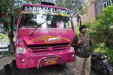 The passenger bus, which was seized after 15 kgs explosive like substance was recovered from it during a checking at KC Road, in Jammu. (Photo | PTI)