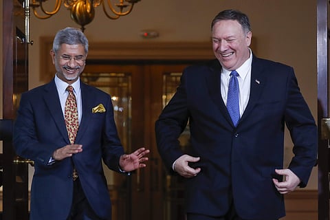 Secretary of State Mike Pompeo, right, walks out with Indian counterpart Subrahmanyam Jaishankar, at the US State Department in Washington, Monday, Sept. 30, 2019. | (Photo | AP)