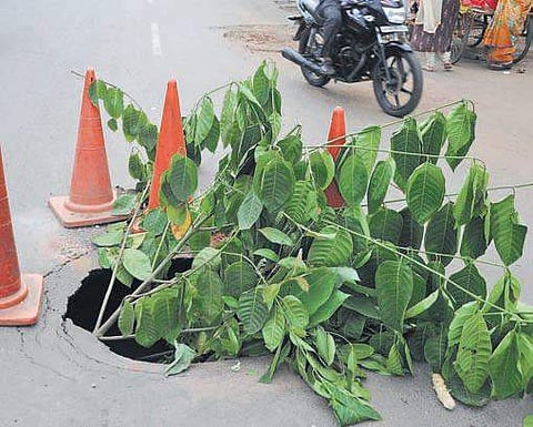 A 3-metre-deep sinkhole on Eluru Road in Vijayawada on Monday
