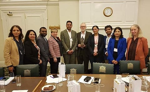 Jeremy Corbyn with UK representatives from the Indian Congress Party. (Photo | Twitter)