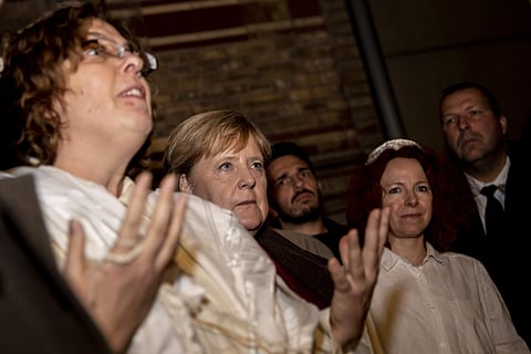 German Chancellor Angela Merkel, Center, attends a solidarity event at the 'Neue Synagoge' (new synagogue) in Berlin, Germany, Wednesday, Oct. 9, 2019. (Photo | AP)