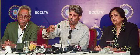 Kapil Dev(C) with Anshuman Gaekwad and Shantha Rangaswamy during a press conference in Mumbai. (Photo | PTI)