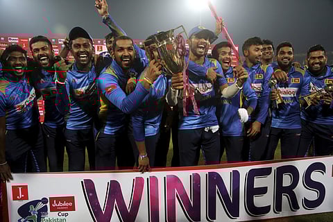 Sri Lankan players celebrate their victory against Pakistan in the final of Twenty20 at the Gaddafi Stadium in Lahore, Pakistan. (Photo | AP)